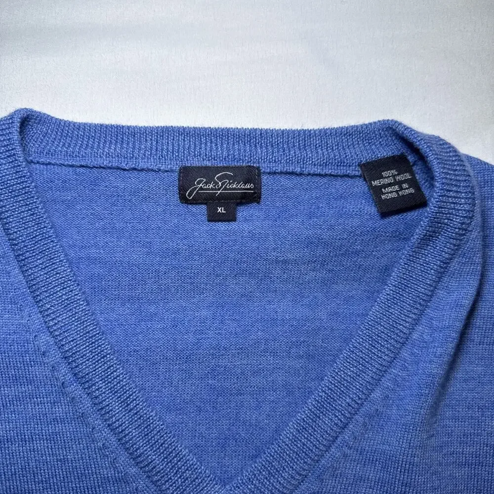 Jack Nicklaus Sweater Mens XL Blue 100% Merino Wool Knit V-Neck Pullover EUC